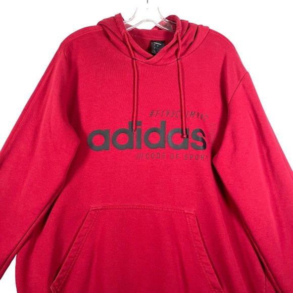 Adidas Mens Pullover Hoodie Sz XL Red‎ Spell Out Logo Pocket Long Sleeve Stretch - Picture 2 of 10